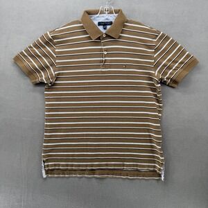 Tommy Hilfiger Mens Brown White Blue Striped Short Sleeve Polo Shirt Size Large